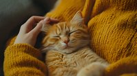 Ginger cat sleeping peacefully on yellow knitted blanket while being petted. Cozy home atmosphere with warm lighting creates relaxing mood for pet care and comfort.
