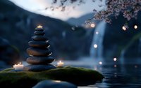 Balanced zen stones pyramid with glowing candles on moss by water at dusk, cherry blossom branches and bokeh lights create peaceful atmosphere.