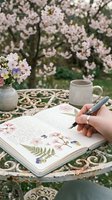 Outdoor journaling scene with woman writing in notebook surrounded by blooming flowers, ceramic mug, and pressed botanical specimens on decorative table.