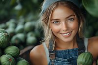 Young Caucasian woman with blue eyes and blonde hair smiling in denim overalls surrounded by fresh green cucumbers at farmers market or garden harvest.
