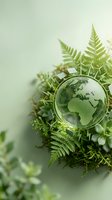 Green glass globe with solar panels surrounded by fresh ferns and plants representing renewable energy and environmental sustainability concept.