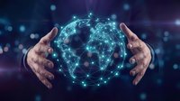 Two hands cradling glowing digital globe with interconnected network nodes, representing global connectivity, data exchange, and digital transformation for business and technology concepts.