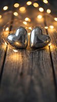 Two silver metallic hearts on rustic wooden surface with warm bokeh lights creating romantic atmosphere for Valentine's Day celebration and love concepts.