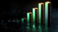 Glowing green bar chart showing upward trend on dark surface with dramatic lighting and reflections. Financial growth concept for business presentations.