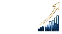 Growing blue bar chart with golden arrow pointing upward showing business growth and success trend on white background, isolated financial graph.