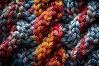Macro view of colorful knitted wool texture showing intricate braided pattern with orange, red, and blue yarn strands creating dynamic diagonal lines.