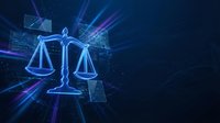 Digital justice scales with glowing blue neon light effects on dark background for legal technology and law firm presentations.