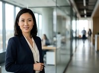Asian female professional in dark blazer and white blouse standing in modern office corridor with colleagues in background, suitable for corporate, business, and leadership concepts.