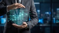 Businessman holding holographic data visualization with glowing network connections and digital analytics in modern office environment for technology presentations.