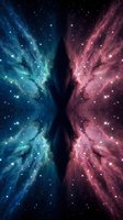 Symmetrical cosmic nebula with blue and pink energy waves flowing from central dark void, scattered stars throughout, suitable for science fiction backgrounds and space-themed designs.