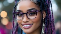 Young African American woman with purple braids and stylish glasses smiling confidently against blurred bokeh background, showcasing modern beauty and natural expression.