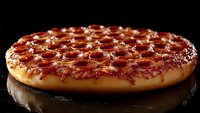 Glazed donut with pepperoni pattern on dark reflective surface, dramatic side lighting creates appetizing highlights on shiny caramelized topping. Food photography.