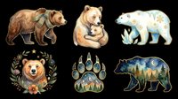 Brown bear with backpack walking left, woman hugging bear cub, polar bear with snowflakes, bear head in wreath, paw print with forest, forest silhouette bear. Isolated on transparent background, ready for t-shirts, clipart, stickers, sublimation and print-on-demand designs.