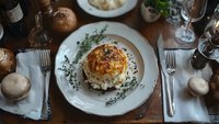 Rustic table setting with golden baked chicken thigh served on white rice, garnished with fresh thyme sprigs on vintage ceramic plate, moody food photography.