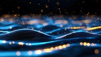 Glowing blue waves of connected dots with golden bokeh lights on dark background create futuristic digital landscape visualization for technology concepts.