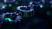 Futuristic gear mechanism with integrated circuit board elements glowing in green against dark background, symbolizing digital transformation and technological advancement.