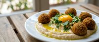 Fresh homemade falafel balls served on creamy hummus with olive oil drizzle and herbs on white plate, healthy Mediterranean vegetarian meal ready to eat.