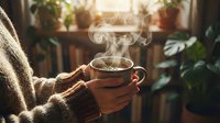 Woman in cozy knit sweater holding steaming hot coffee mug by sunny window with houseplants creating warm morning atmosphere for relaxation and comfort.