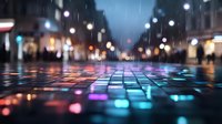 Wet cobblestone street reflecting vibrant neon city lights and bokeh during rainfall, low angle view showing colorful puddle reflections in urban night scene.