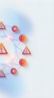 Network of warning signs and glowing nodes connected by light lines on a soft white background, representing cybersecurity alerts and risk management.