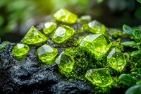 Luminous green crystals on dark wet stone with moss, creating magical forest atmosphere. Natural light highlights transparent gems against blurred foliage background.