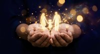 Family protection concept with glowing silhouettes of parents and child floating above cupped hands against starry night sky with golden bokeh lights.