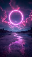 Mystical glowing neon ring illuminates night sky over tranquil water landscape, with pink and purple hues reflecting on surface amid dramatic cloudy atmosphere.