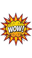 Comic book style wow explosion burst with yellow and red starburst design isolated on white background for graphic design and print projects.