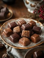Assorted milk and dark chocolate pralines with different toppings and decorations on vintage plate with gold trim. Cozy atmospheric food photography with soft lighting.