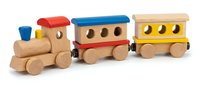 Wooden toy train set with locomotive and two passenger cars featuring colorful roofs and circular windows, designed for toddler play and early childhood development.