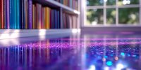 Colorful bokeh lights reflecting on glossy surface near bookshelf with window view, creating magical atmosphere with purple and blue glowing sparkles.