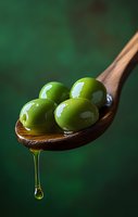 Fresh green olives on wooden spoon with dripping olive oil against dark green background, macro food photography highlighting glossy texture and natural light.