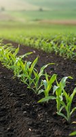 Young corn seedlings emerging from rich dark soil in agricultural field with rolling hills landscape background for farming and crop cultivation concepts.