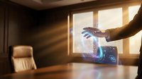 Businessman using futuristic holographic interface technology in modern office with sunlight streaming through window creating professional workspace atmosphere.