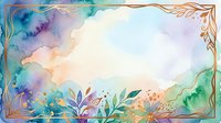 Watercolor frame with vibrant blue, purple, and green washes featuring botanical elements and gold accents, ideal for invitations and design projects.