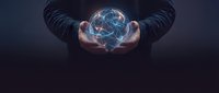 Businessman hands holding glowing digital globe with network connections on dark background for technology and global business concepts.