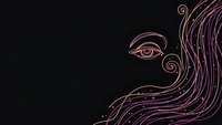 Mystical eye with flowing hair in pink and gold line art on black background for spiritual and esoteric design projects.
