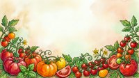 Ripe tomatoes and fresh produce arranged in a decorative border with green foliage on watercolor background, suitable for food packaging, recipe blogs, and culinary designs.