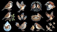 Sparrow bird clipart set isolated on transparent background, featuring nest, feathers, and poses, ready for t-shirts, stickers, print on demand, and sublimation.