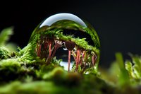 Crystal clear water drop on vibrant green moss captures miniature forest reflection, creating magical macro photography scene against dark background.