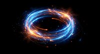 Glowing energy portal with swirling blue and orange light trails creating circular vortex against dark space background with sparkling particles and stars.