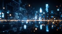 Modern cityscape at night with glowing skyscrapers reflected in wet pavement creating mirror effect, blue tones and bokeh lights create futuristic urban atmosphere.