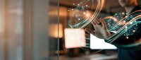 Modern digital transformation concept with glowing network connections and data streams flowing from business documents in contemporary office environment.
