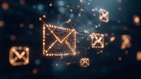 Glowing digital mail icons connected by network lines on dark background with bokeh effect, representing electronic communication and messaging systems.