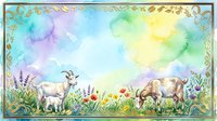 Watercolor goats grazing in a colorful meadow with wildflowers, framed by golden botanical border on pastel background.