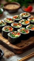 Fresh vegetable sushi rolls with colorful bell peppers, cucumber, and avocado, garnished with sesame seeds, served on rustic wooden board with chopsticks.