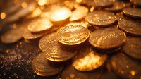 Golden coins scattered on dark surface with warm bokeh lights creating magical atmosphere for wealth and prosperity concepts in finance and business.