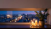 Cozy evening interior with burning candles and houseplant on windowsill overlooking blurred city lights at dusk creating warm atmospheric home decor ambiance.