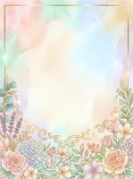 Soft pastel watercolor background with gold floral frame, roses, hydrangeas, and lavender, perfect for wedding invitations and greeting cards.