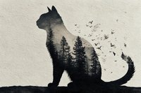 Silhouette of cat with double exposure effect showing forest landscape and flying birds against textured beige background.